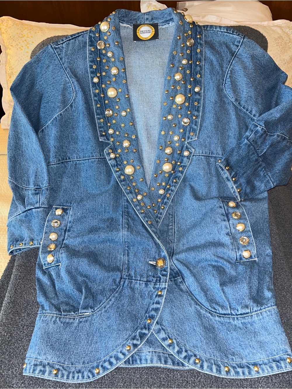 Vintage Made in USA Blue Denim Jacket with Pearl & Gold Studs